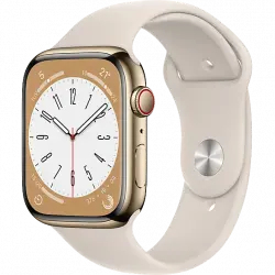 APPLE Watch Series 8 (2022), GPS+CELL, 45 mm, Caja de acero inoxidable, Vidrio delantero Ion-X, Correa deportiva oro