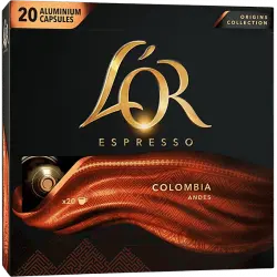Cápsulas monodosis - L'OR Espresso, 100% Arabica, 20 cápsulas, Colombia Andes, Negro/Oro