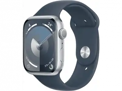 Apple Watch Series 9 (2023), GPS, 45 mm, Gesto de doble toque, Caja aluminio plata, Correa deportiva azul tempestad, Talla S/M