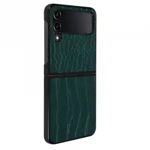 Carcasa Cuero Para Galaxy Z Flip 4 Efecto Cocodrilo Bordes Elevados Verde Oscuro