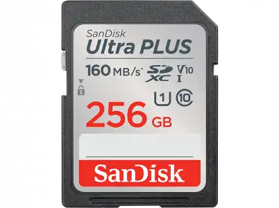 Tarjeta SDXC - SanDisk Ultra Plus, 256GB, 160 MB/s, UHS-I, V10, Clase 10, Resistente al Agua, Multicolor