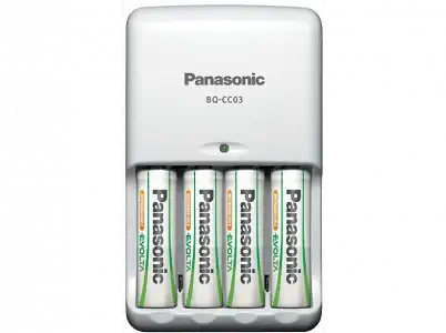 Pilas recargables con cargador - Panasonic BQ-CC03 Cargador de baterías para interior Blanco