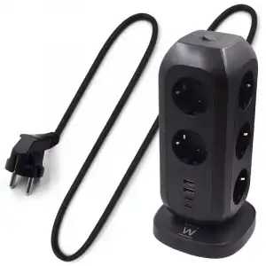 Ewent Regleta de 11 Tomas en Columna con 2 Cargadores USB/USB-C con Enchufe Schuko de 16