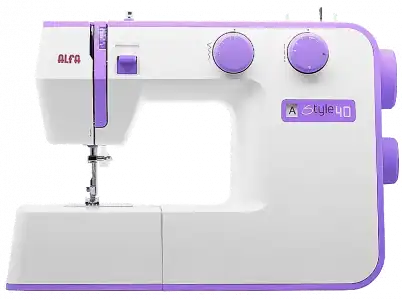 Máquina de coser - Alfa Style 40, 31 Puntadas, Luz LED, 6 filas dientes, 70W, Blanco y Lila