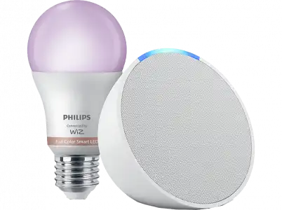 Pack de Echo Pop Altavoz inteligente con Alexa, Blanco + Bombilla Philips Smart LED, 8,5 W (Eq. 60 W) A60 E27, Luz Blanca y Colores