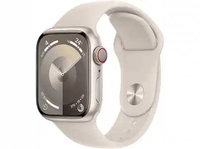 Apple Watch Series 9 (2023), GPS+CELL, 41 mm, Gesto de doble toque, Caja aluminio blanco estrella, Correa deportiva Talla M/L