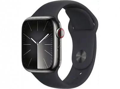 Apple Watch Series 9 (2023), GPS+CELL, 45 mm, Gesto de doble toque, Caja acero inoxidable grafito, Correa deportiva medianoche, Talla M/L