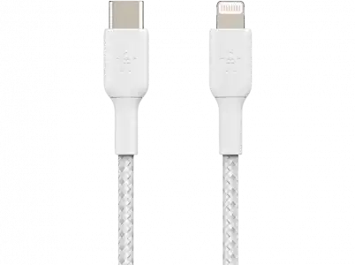 Cable USB - Belkin CAA004BT1MWH, USB-C a Lightning, Trenzado, 1 m, Blanco