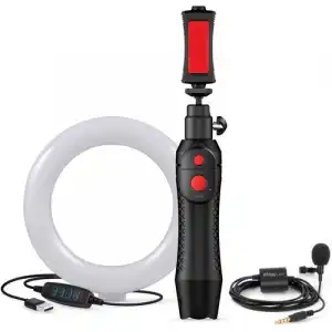 IK Multimedia Creator Bundle con iRig Mic Lav + iKlip Grip Pro y Lámpara Led de 6"