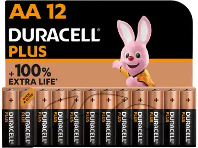 Pilas AA - Duracell PLUS MX1500 LR06 / LR6, alcalinas 1.5 V, Paquete 12 unidades, Negro