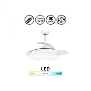 Ventilador De Techo Bora Con Luz 36-24w, Motor Dc Silencioso, Aspas Retractiles Plegables, Mando Inalambrico,color Blanco Mate Pequeño Diametro: 38-92