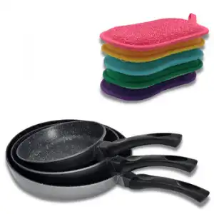 Set De 3 Sartenes De Piedra Con 5 Clever Sponge - Revestimiento Antiadherente