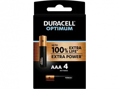 Pilas AAA - Duracell Optimum, 4 Unidades, 1.5 V LR03 / LR3 MX2400, Negro
