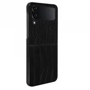 Carcasa Cuero Para Galaxy Z Flip 4 Efecto Cocodrilo Bordes Elevados Negro