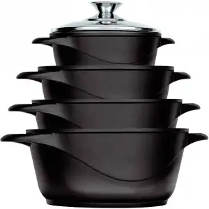 Briebe MGK-12 Batería de Cocina 8 Piezas Aluminio Fundido 4 Ollas 16/20/24/28cm + Tapas de Vidrio