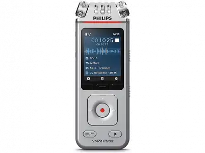 Grabadora de voz - Philips VoiceTracer DVT4110, 8 GB, 3 micrófonos HF, USB-C, Control por App, MP3, PCM, Gris