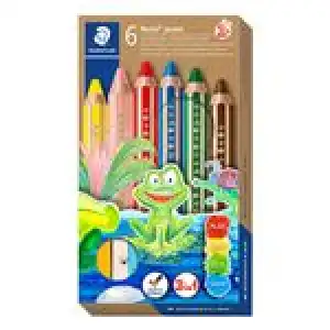Estuche 6 lápices de colores STAEDTLER Noris Junior 140 C6 extra grueso 3 en 1: color, cera y acuarelable con afilalápices