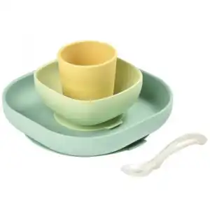 Vajilla Para Bebé 4 Piezas Silicona Amarillo Y Verde Beaba