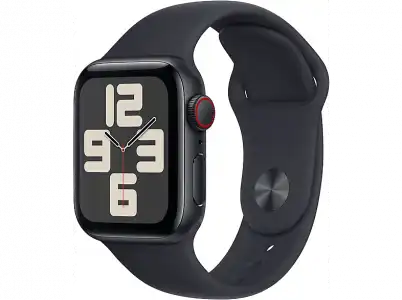 APPLE Watch SE (2023), GPS+CELL, 40 mm, Caja de aluminio medianoche, Vidrio delantero Ion-X, Talla S/M, Correa deportiva medianoche