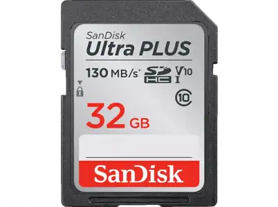 Tarjeta SDHC - SanDisk Ultra Plus, 32GB, 130 MB/s, UHS-I, V10, Clase 10, Resistente al Agua, Multicolor