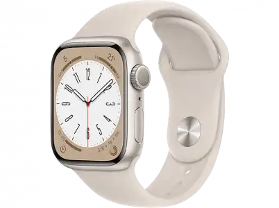 APPLE Watch Series 8 (2022), GPS, 41 mm, Caja de aluminio, Vidrio delantero Ion-X, Correa deportiva blanco estrella
