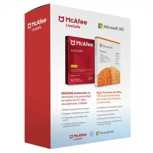 Microsoft - McAfee LiveSafe + Microsoft 365 Personal, 1 usuario, 1 año de suscripción, Multidispositivo.