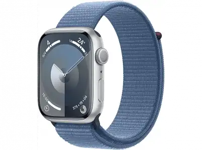 Apple Watch Series 9 (2023), GPS, 45 mm, Gesto de doble toque, Caja aluminio plata, Correa Sport Loop azul invierno