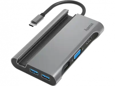 Hub USB/Concentrador - Hama 00200102, Compatible con USB-A/USB-C/VGA/HDMI/LAN/Ethernet, 5 Gbps, Soporte, Gris