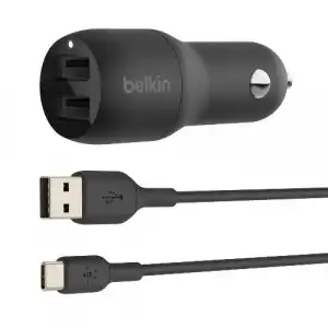 Cargador dual para coche Belkin BoostCharge USB-A 24 W + Cable USB-C Negro