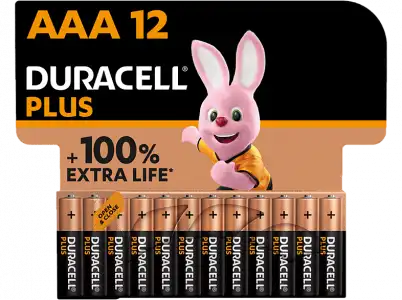Pilas AAA - Duracell PLUS LR03 / LR3, alcalinas, Pack 12 Uds, 1.5 V, MN2400, Universal, Negro