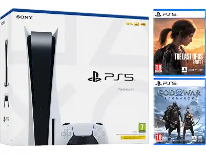 Consola - Sony PS5 Stand C, 825GB, 4K HDR, Blanco + Juego God Of War: Ragnarok The Last Us: Parte 1