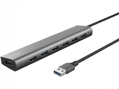 Hub USB/Concentrador - Trust Halyx, 7 puertos en 1, Para portátil o Macbook, 5 Gbit/s, Gris