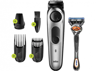 Barbero - Braun BT5260, Para barba y cortapelos, 39 ajustes de longitud, 0.5mm a 20mm, Incluye Gilette Fusion5, Plata