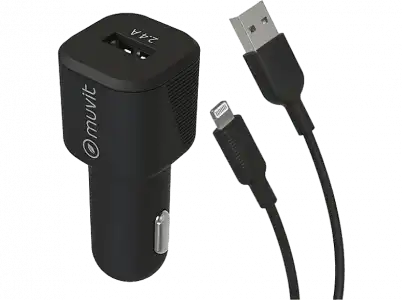 Cargador USB para coche - Muvit MCPAK0014, USB, Lightning, Apple, 12W, 1.2m, Negro