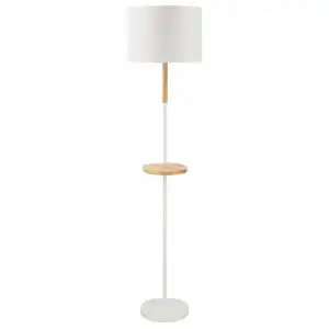Homcom Lámpara De Pie Con Estante De Madera Pantalla De Tela Casquillo E27 40w