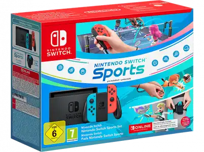 Consola - Nintendo Switch, 6.2", Joy-Con, Azul y Rojo Neón + Juego Switch Sports (preinstalado) Cinta para pierna Suscripción 3 meses online