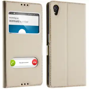 Avizar Funda Libro con Doble Ventana Dorada para Sony Xperia Z5