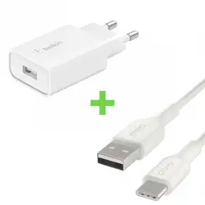 Belkin Pack Cargador Qualcomm Quick Charge 3.0 18W Blanco + Playa Cable USB-A a USB-C 1m Blanco