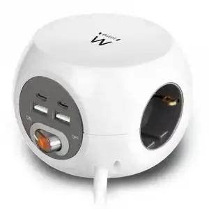 Ewent EW3957 Regleta Cúbica 3 Tomas Schuko + 2 Puertos USB-C + 2 Puertos USB 3.4A 17W