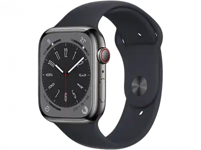 APPLE Watch Series 8 (2022), GPS+CELL, 45 mm, Caja de acero inoxidable, Vidrio delantero Ion-X, Correa deportiva graphito