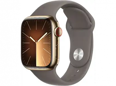 Apple Watch Series 9 (2023), GPS+CELL, 41 mm, Gesto de doble toque, Caja acero inoxidable oro, Correa deportiva arcilla, Talla S/M