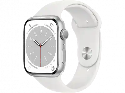 APPLE Watch Series 8 (2022), GPS, 45 mm, Caja de aluminio, Vidrio delantero Ion-X, Correa deportiva plata