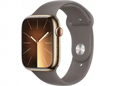 Apple Watch Series 9 (2023), GPS+CELL, 45 mm, Gesto de doble toque, Caja acero inoxidable oro, Correa deportiva arcilla, Talla S/M