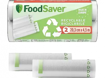 Bolsas de envasado - FoodSaver FSRE2002X-01, Plástico mixto, 2 rollos, 20.3x4.5cm, Apto para congelar y cocer, Transparente