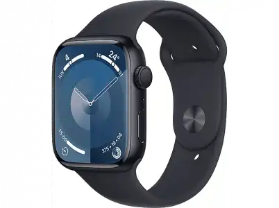 Apple Watch Series 9 (2023), GPS, 45 mm, Gesto de doble toque, Caja aluminio medianoche, Correa deportiva Talla M/L