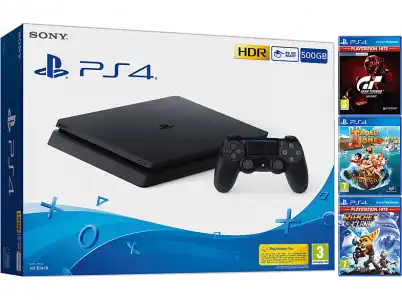 Consola - Sony PS4, 500 GB, Negro + Gran Turismo Sport Tadeo Jones: La Tabla Esmeralda Ratchet & Clank