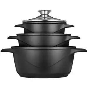 Briebe MGK-18 Batería de Cocina 6 Piezas Aluminio Fundido 3 Ollas 16/20/24cm + Tapas de Vidrio