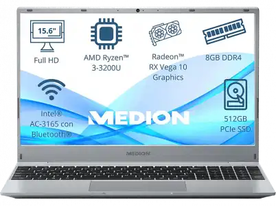 Portátil - Medion Akoya MD62456, 15.6" Full-HD, AMD Ryzen™ 3 3200U, 8GB RAM, 512 GB SSD, Radeon™ RX Vega 10, Sin sistema operativo